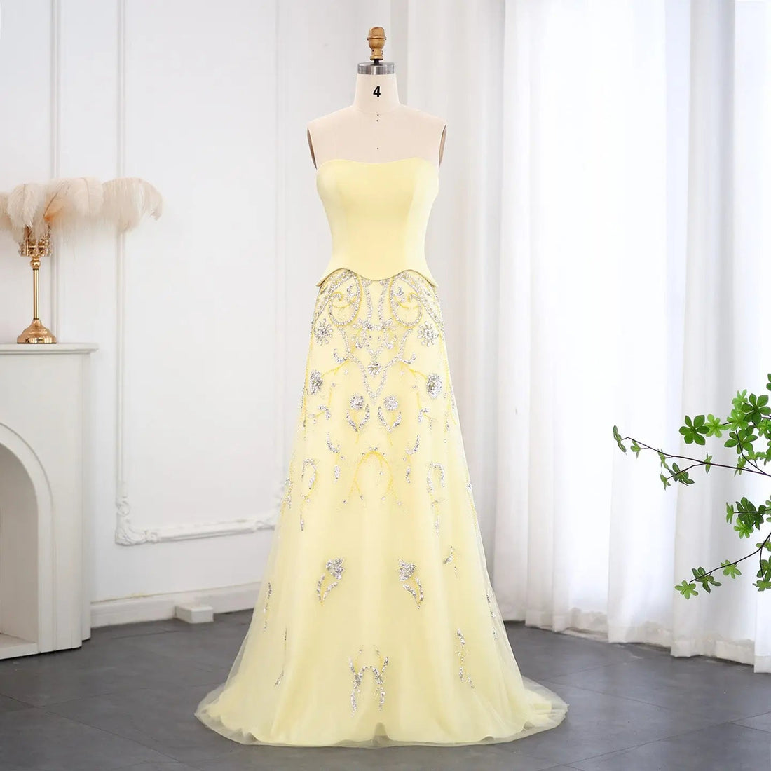 Luxury Sage Yellow Strapless Evening Dress SS254