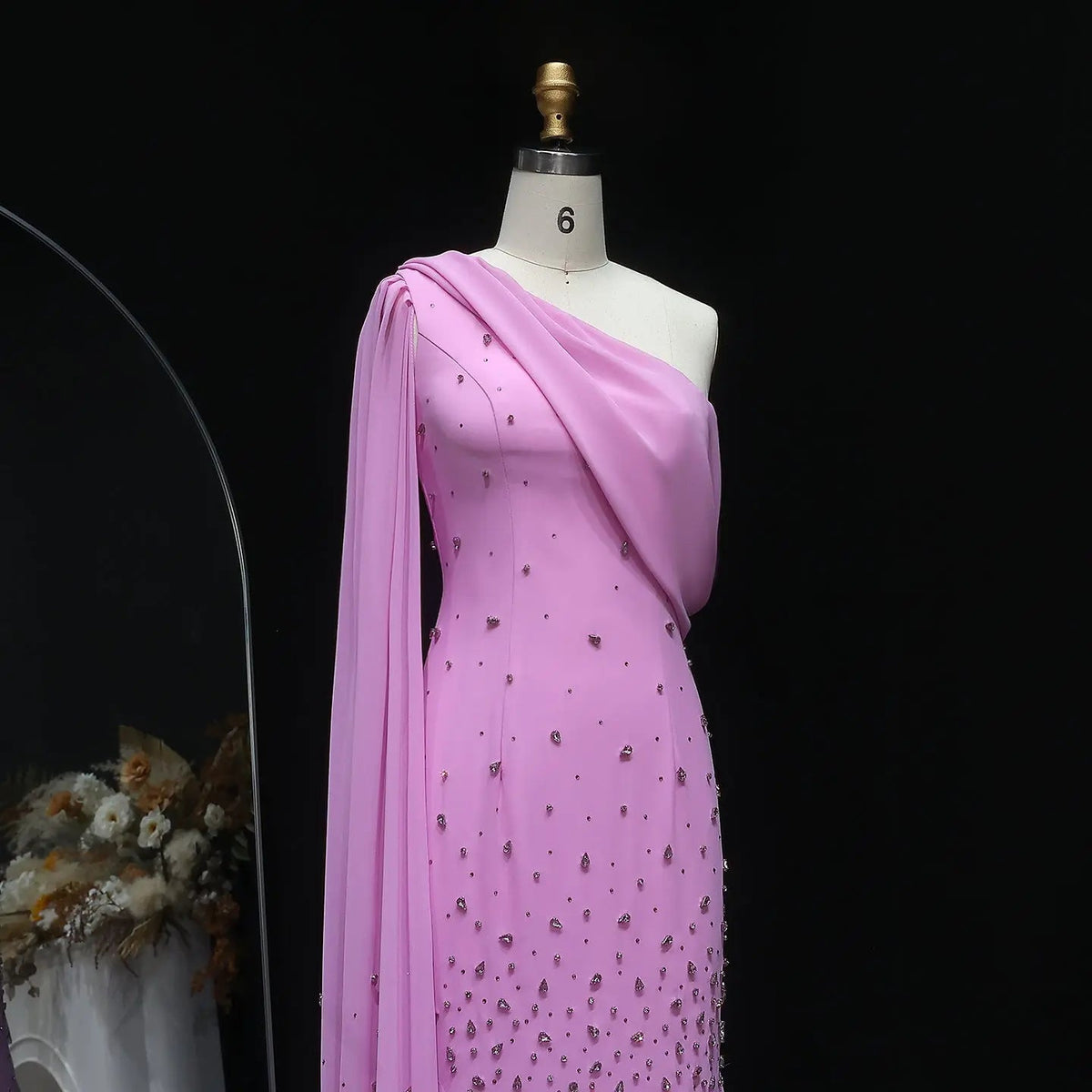Luxury Pink Crystal 3D Floral Fitted Evening Dress XD034