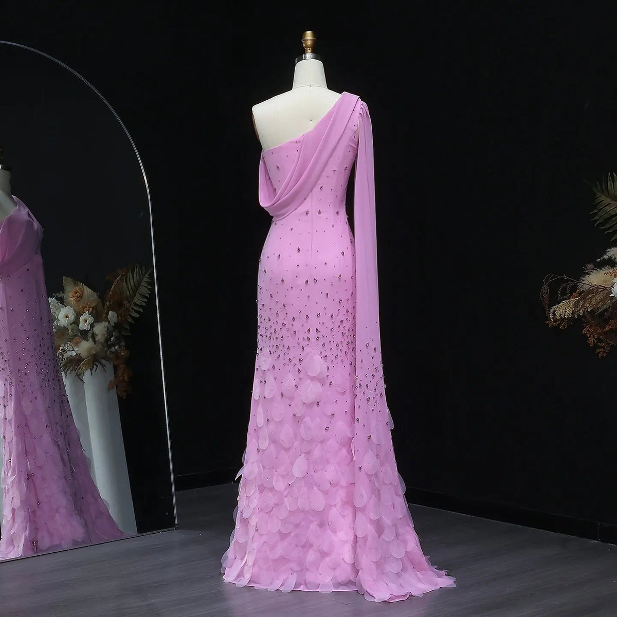 Luxury Pink Crystal 3D Floral Fitted Evening Dress XD034