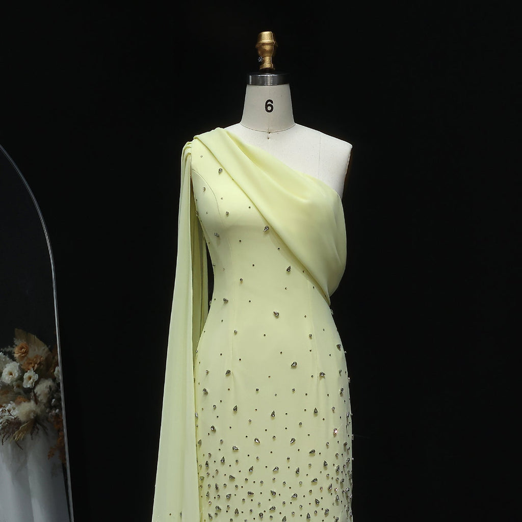 Luxury 3D Floral Crystal Yellow Fitted Evening Dress XD034
