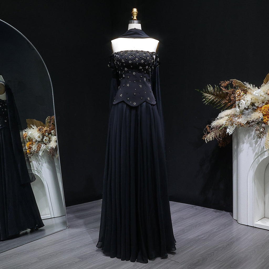 Luxury Black Beaded Waist Evening Dress with Scarf SF467