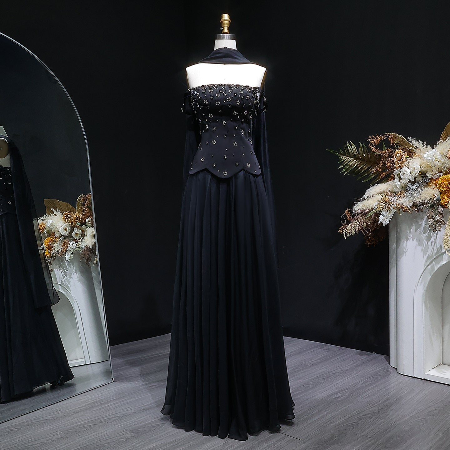 Luxury Black Beaded Waist Evening Dress with Scarf SF467