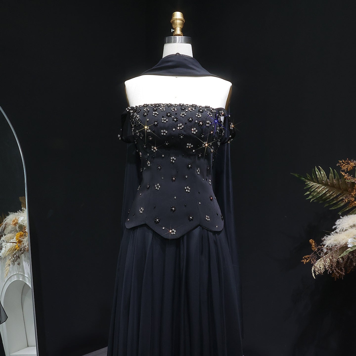 Luxury Black Beaded Waist Evening Dress with Scarf SF467