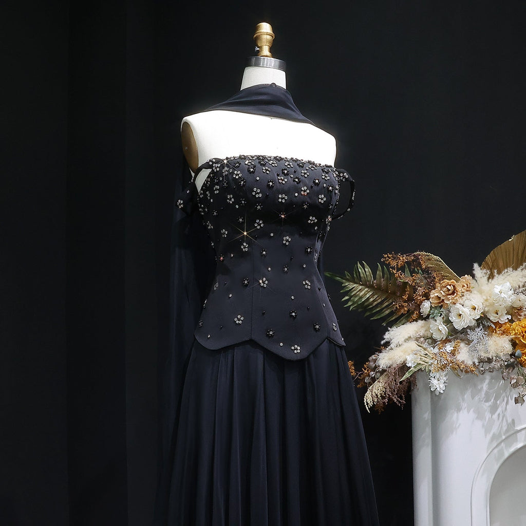 Luxury Black Beaded Waist Evening Dress with Scarf SF467