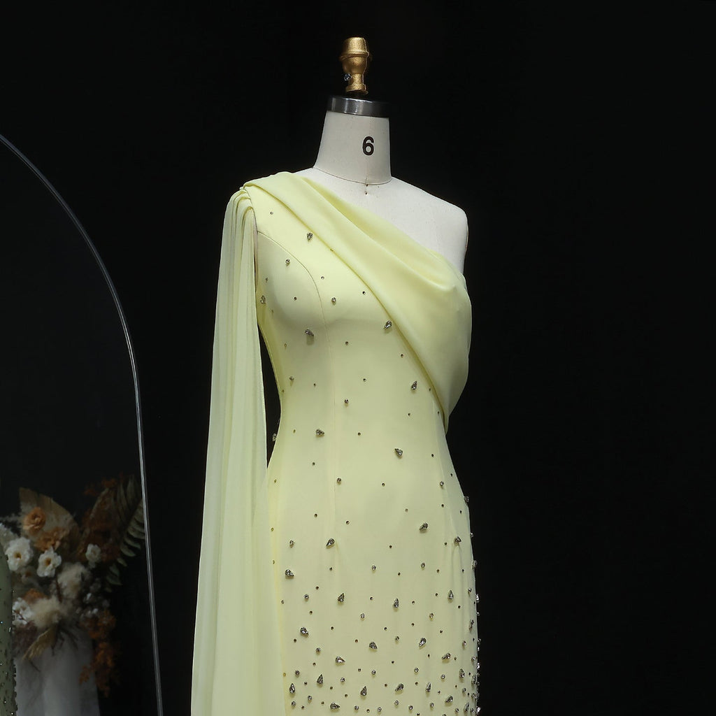 Luxury 3D Floral Crystal Yellow Fitted Evening Dress XD034