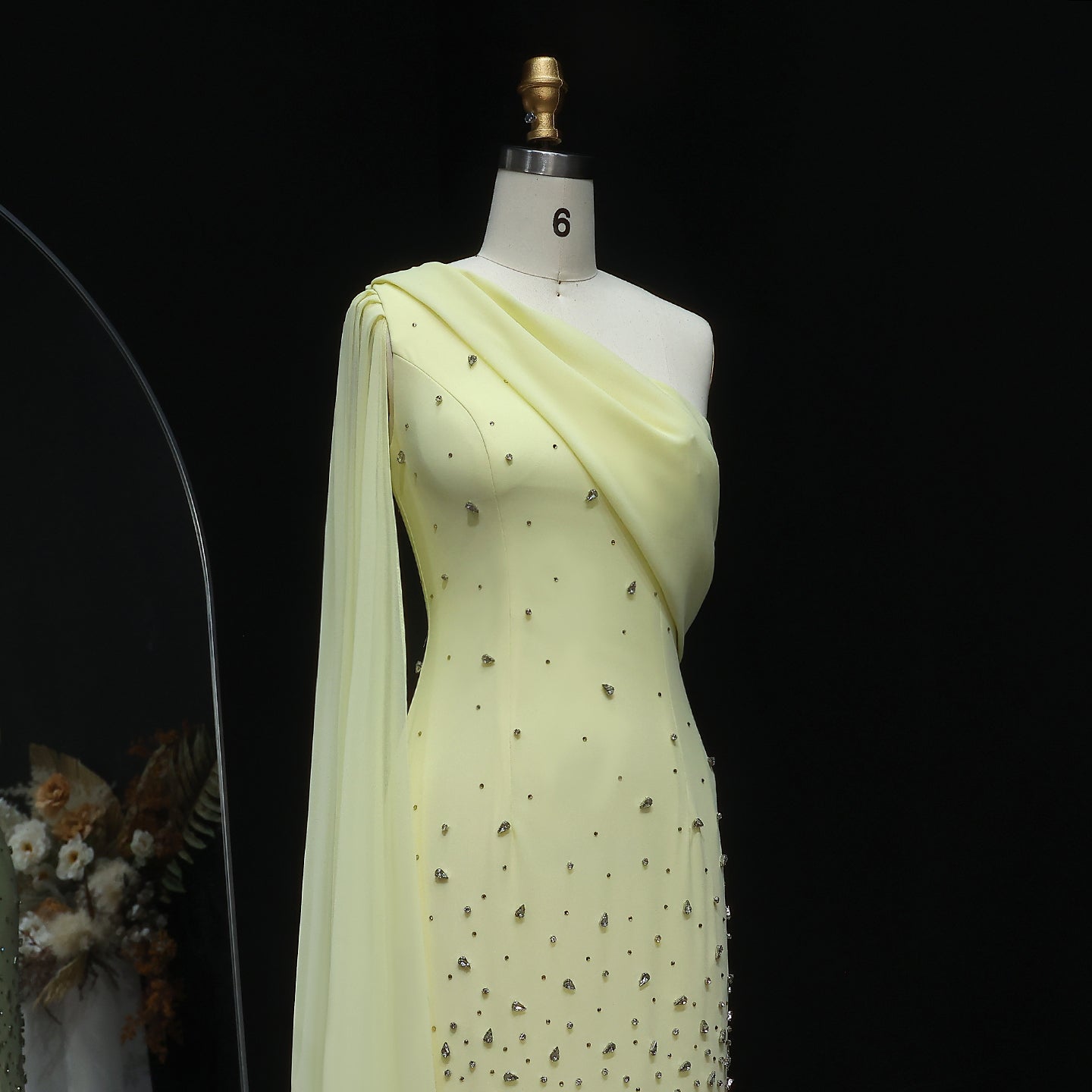 Luxury 3D Floral Crystal Yellow Fitted Evening Dress XD034