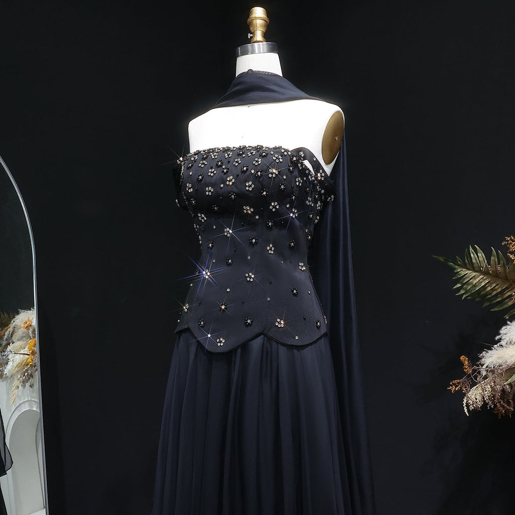 Luxury Black Beaded Waist Evening Dress with Scarf SF467