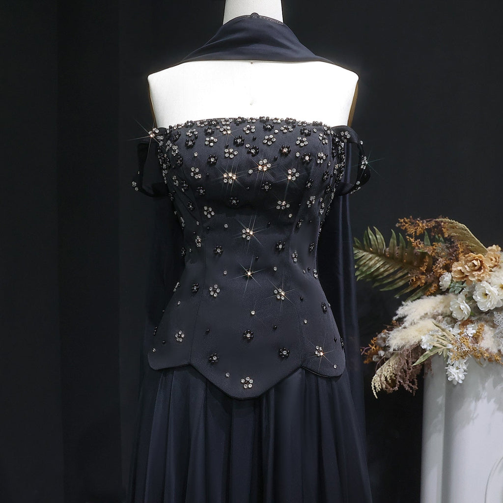 Luxury Black Beaded Waist Evening Dress with Scarf SF467