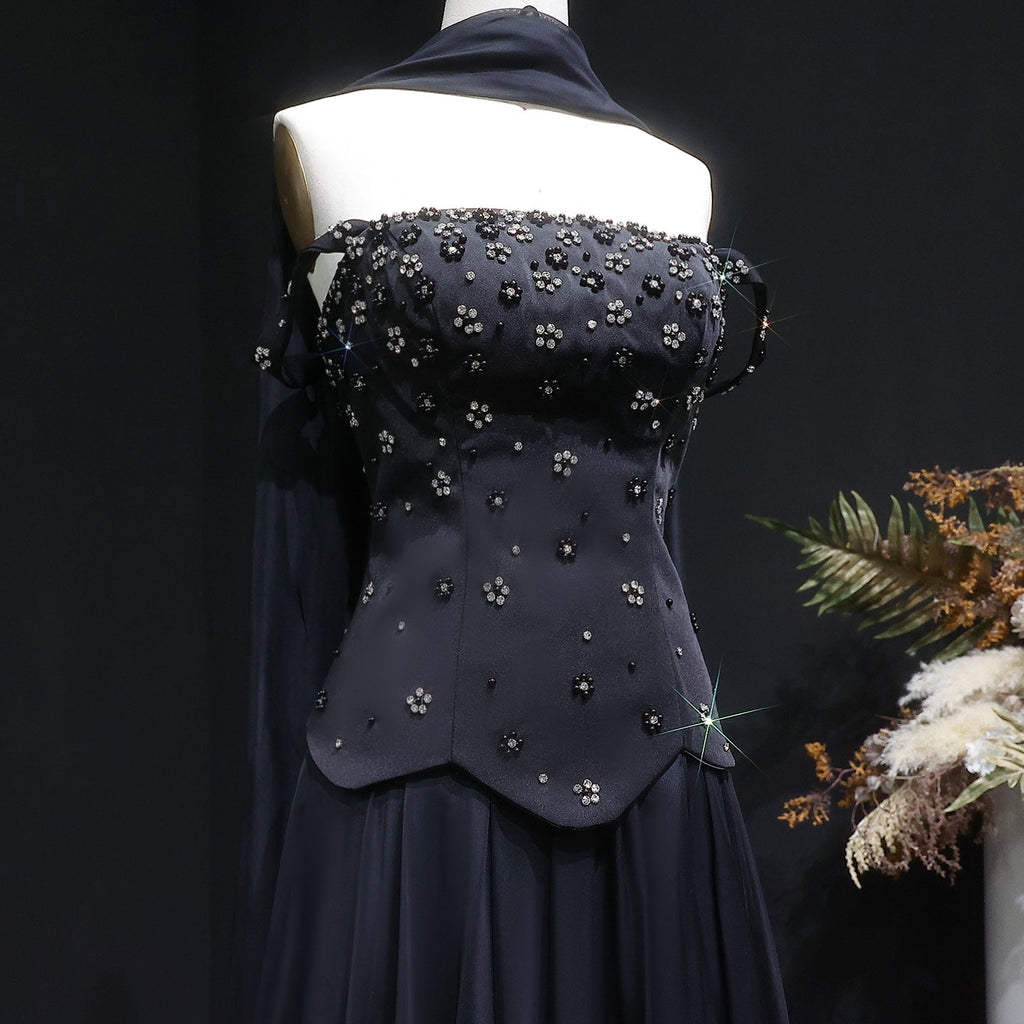Luxury Black Beaded Waist Evening Dress with Scarf SF467