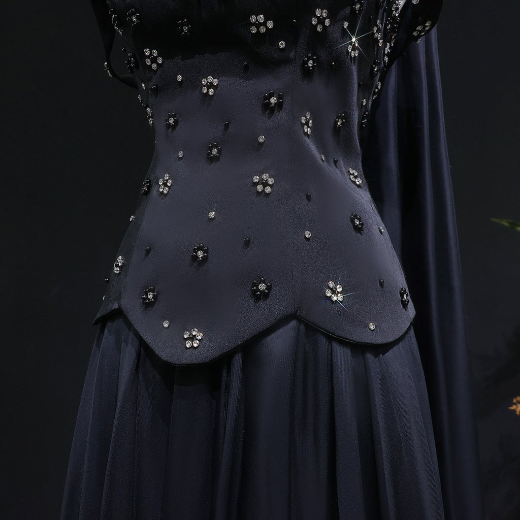 Luxury Black Beaded Waist Evening Dress with Scarf SF467