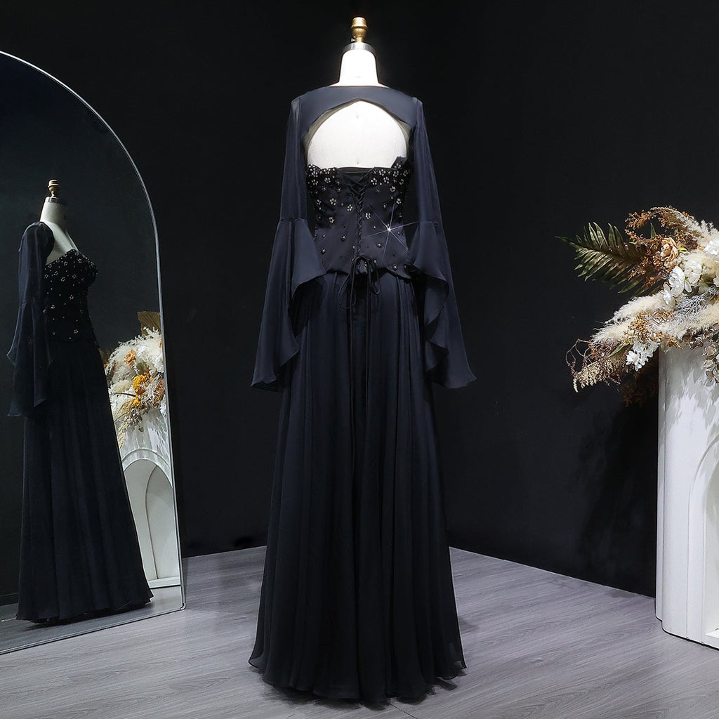Luxury Black Beaded Waist Evening Dress with Scarf SF467