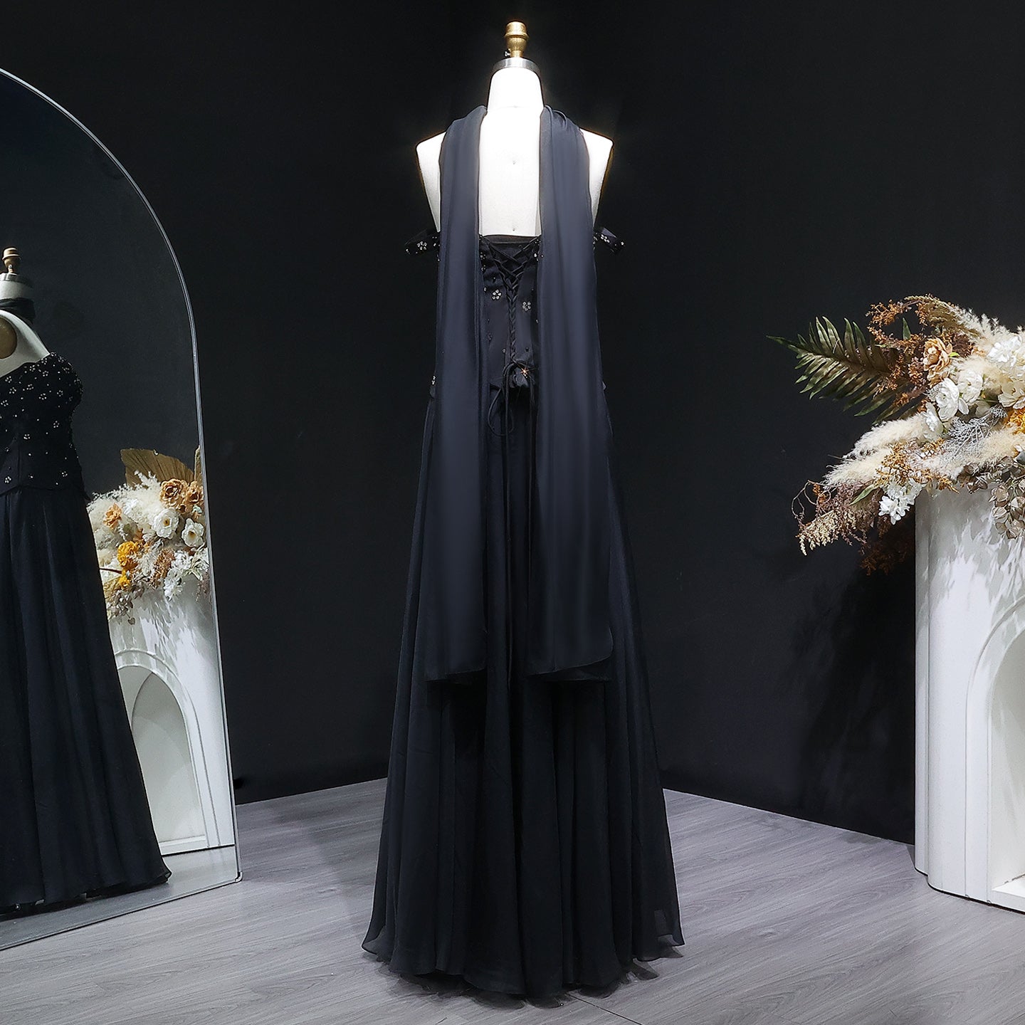Luxury Black Beaded Waist Evening Dress with Scarf SF467