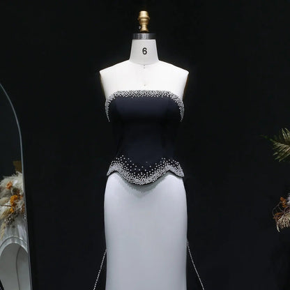 Luxury Black-White Mermaid Evening Dress with Detachable Train SF308