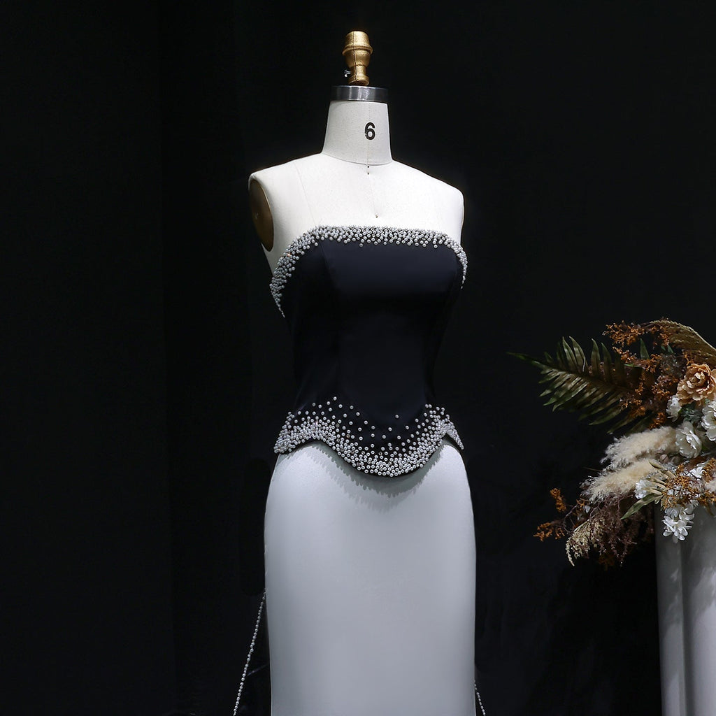 Luxury Black and White Beaded Strapless Evening Dress SF308