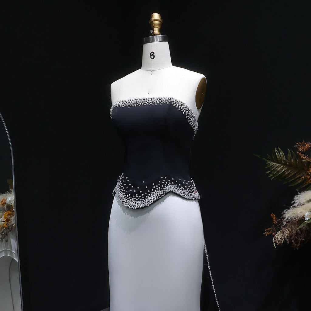 Luxury Black and White Beaded Strapless Evening Dress SF308