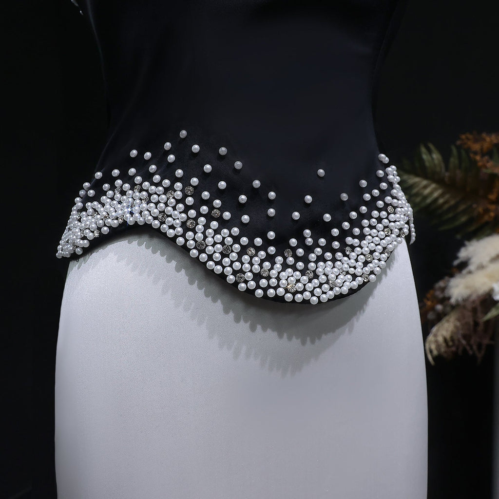 Luxury Black and White Beaded Strapless Evening Dress SF308