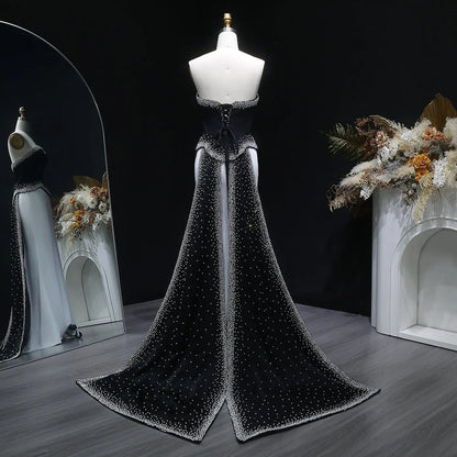 Luxury Black-White Mermaid Evening Dress with Detachable Train SF308