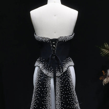 Luxury Black-White Mermaid Evening Dress with Detachable Train SF308
