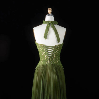 Luxury Green Halter Evening Dress with Lace Corset Bodice SF419