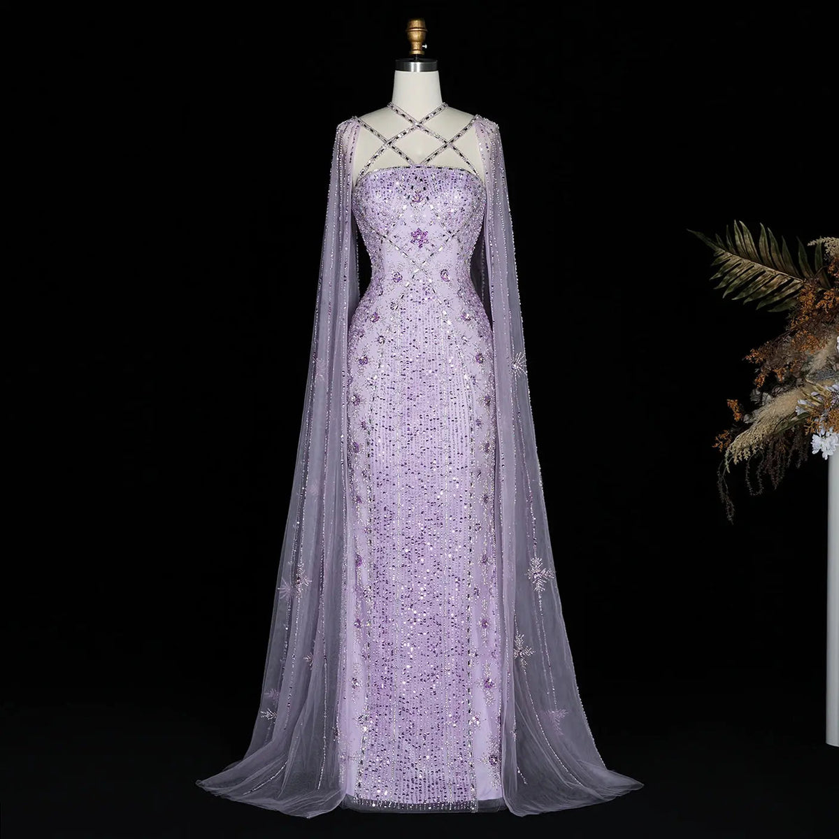 Luxury Aqua Crisscross Evening Dress with Cape Sleeves SS391