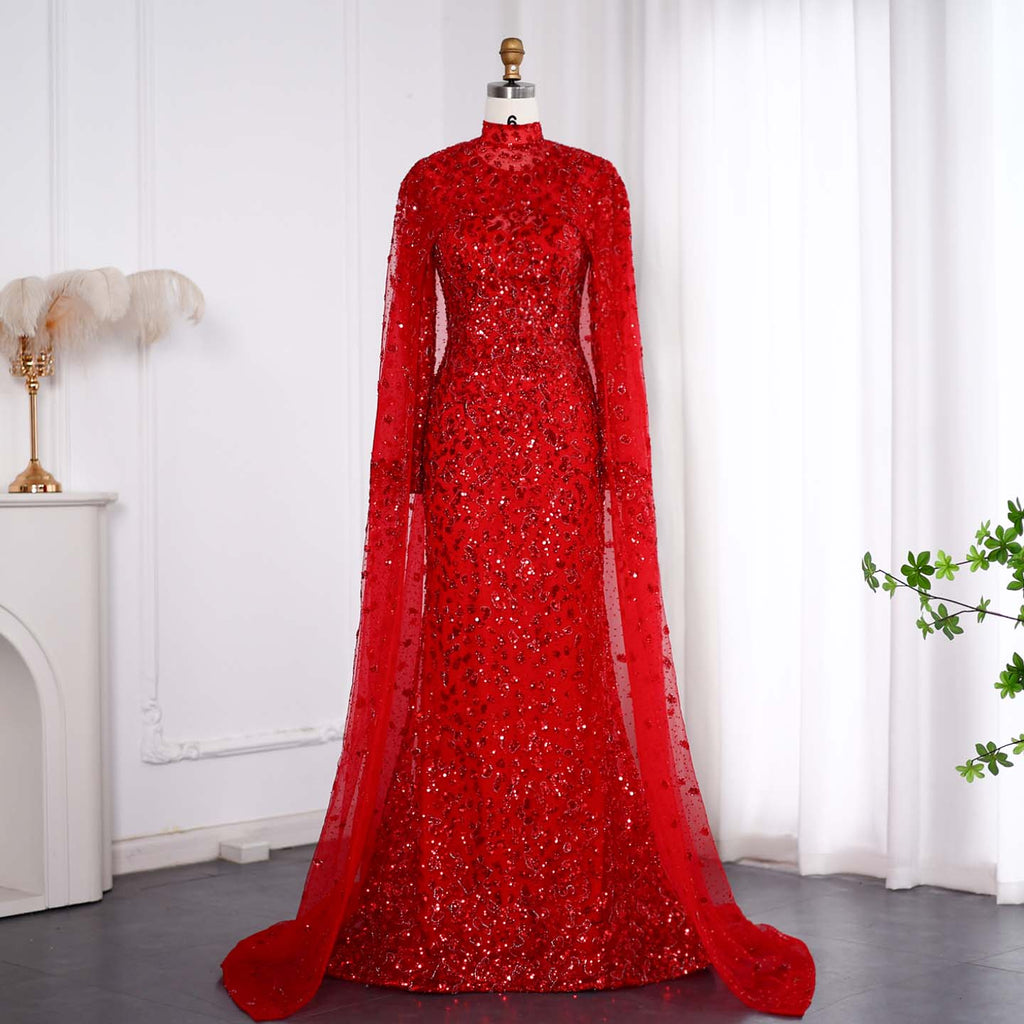 Luxury Beaded Pink Mermaid Evening Dress with Cape Sleeves SS202