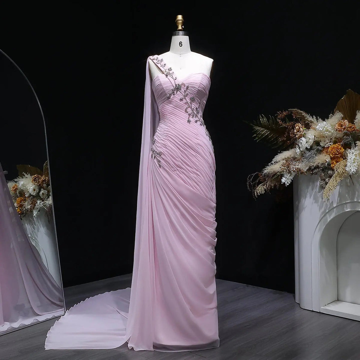 Dreamy One-Shoulder Ruched Chiffon Evening Dress with Crystal Details and Train SF249