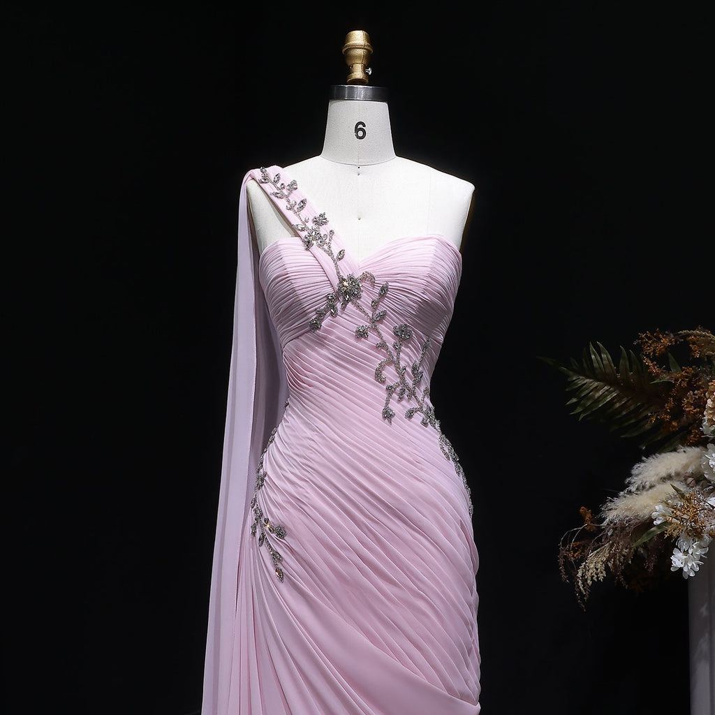 Elegant Light Pink Draped One Shoulder Evening Dress with Cap SF249