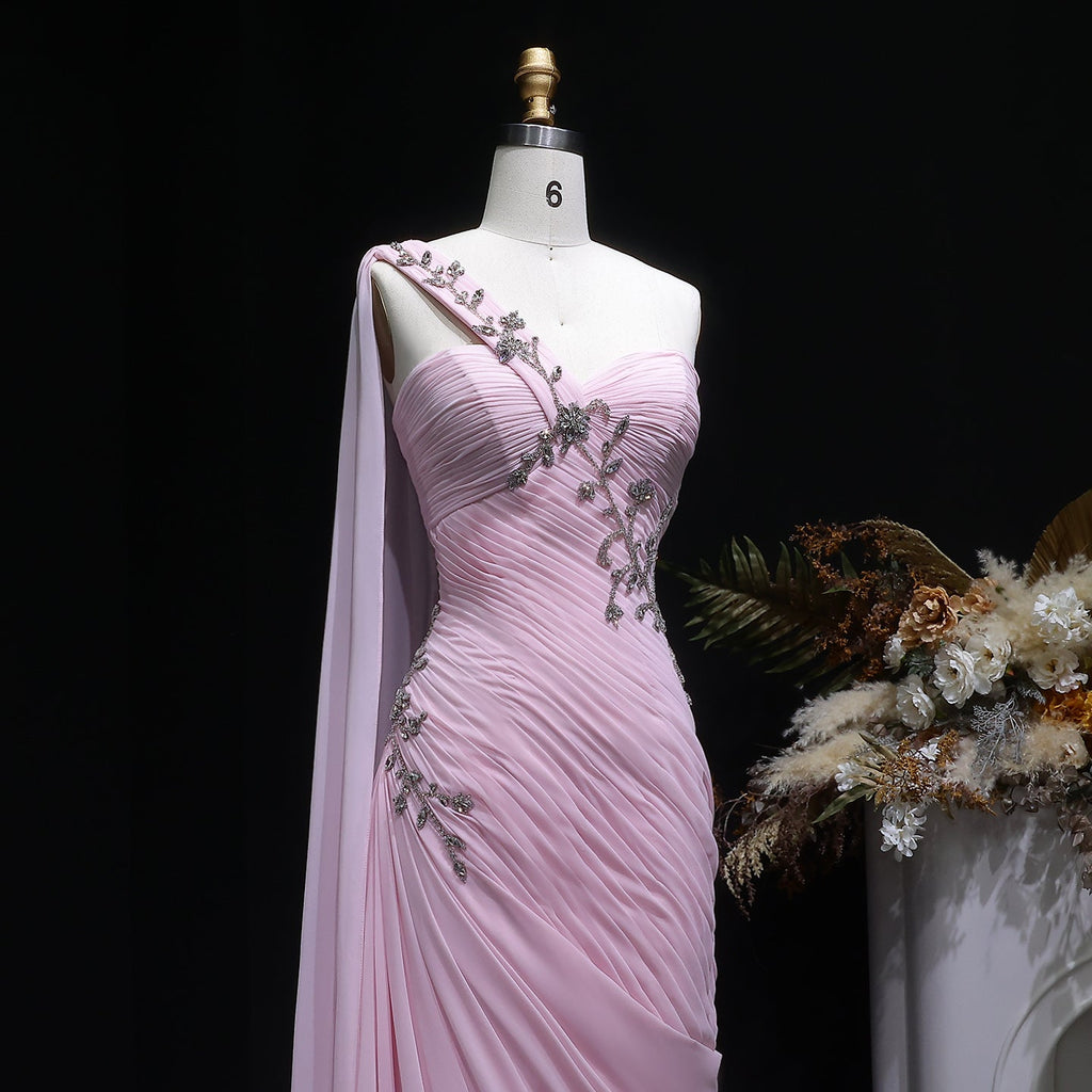 Elegant Light Pink Draped One Shoulder Evening Dress with Cap SF249
