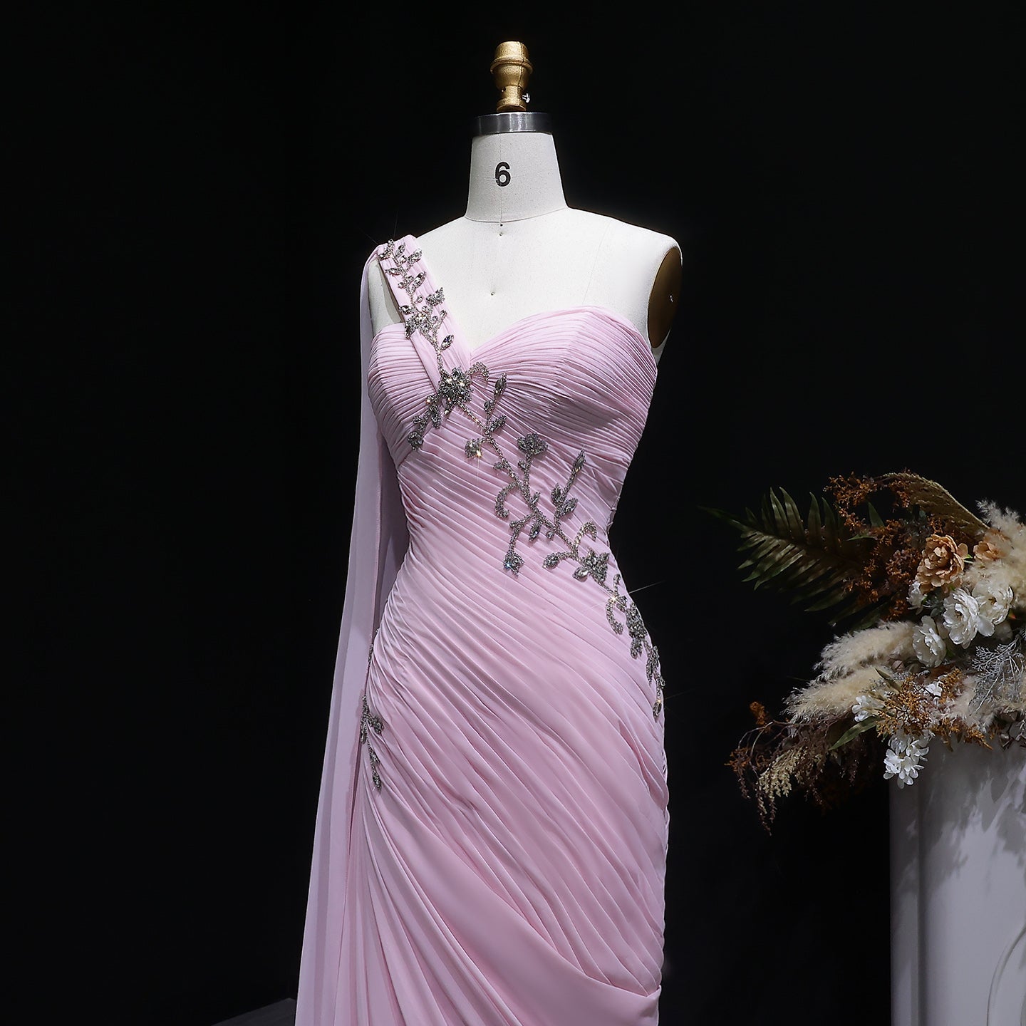 Elegant Light Pink Draped One Shoulder Evening Dress with Cap SF249