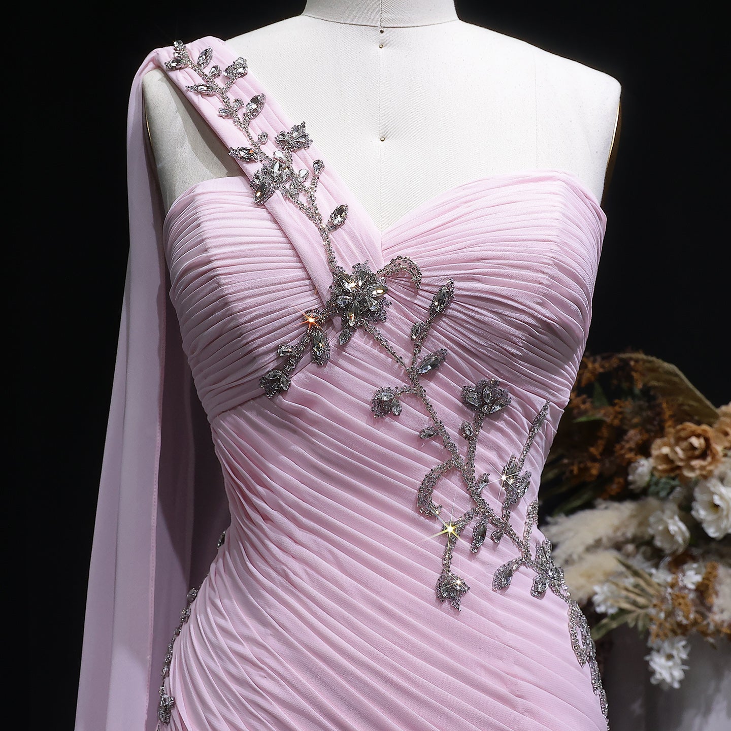 Elegant Light Pink Draped One Shoulder Evening Dress with Cap SF249