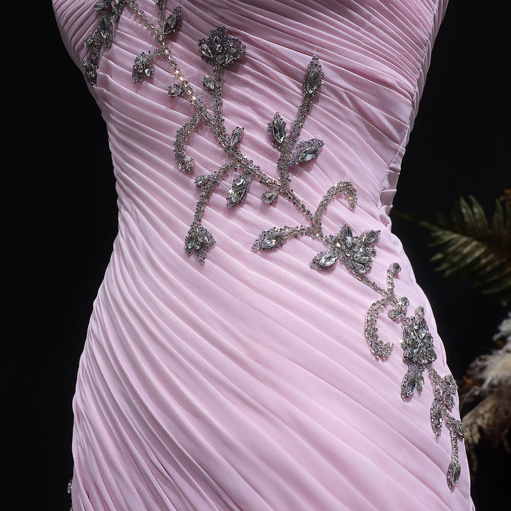 Elegant Light Pink Draped One Shoulder Evening Dress with Cap SF249