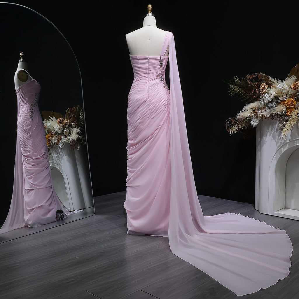 Elegant Light Pink Draped One Shoulder Evening Dress with Cap SF249