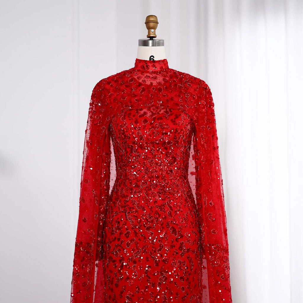 Luxury Beaded Pink Mermaid Evening Dress with Cape Sleeves SS202