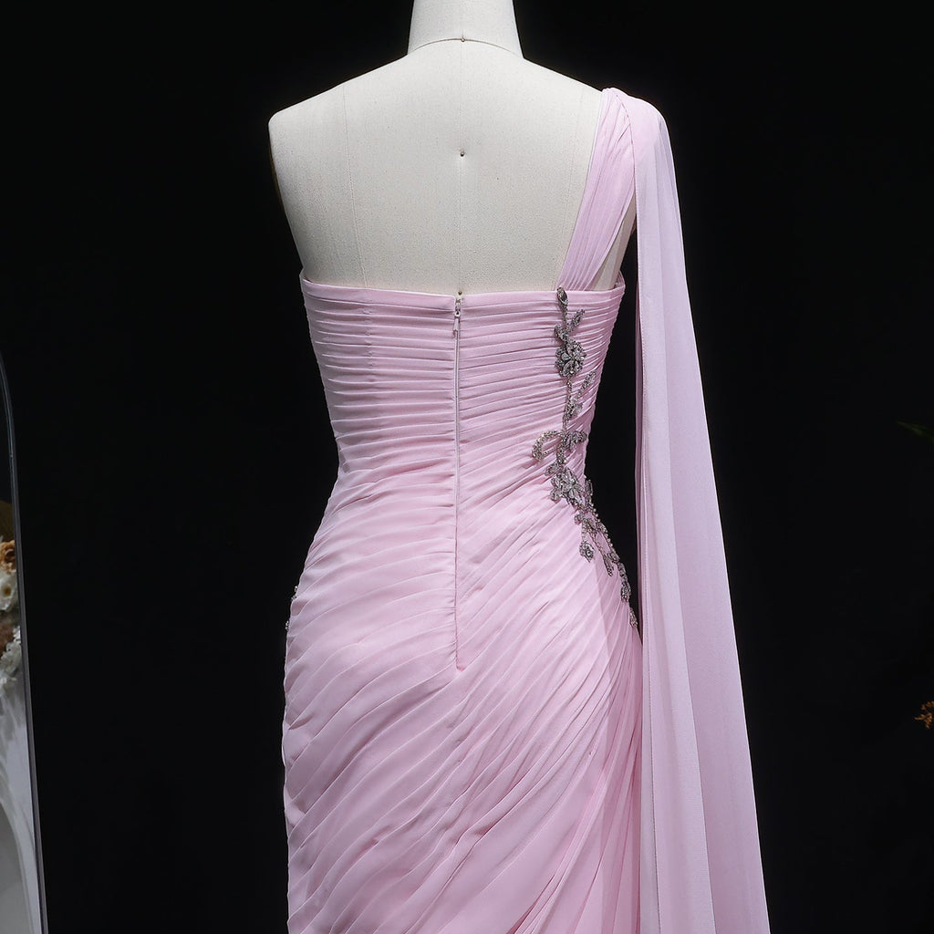 Elegant Light Pink Draped One Shoulder Evening Dress with Cap SF249