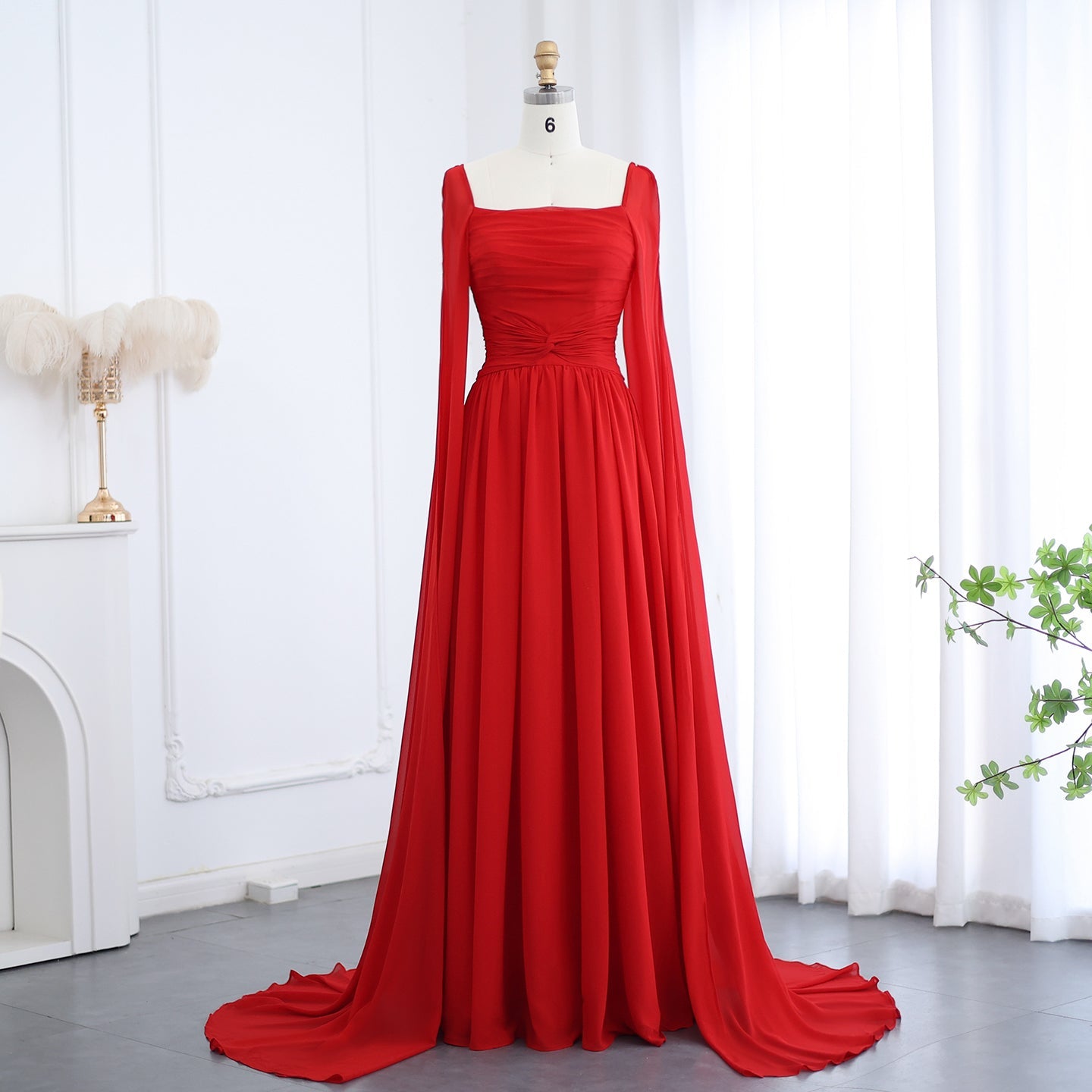 Elegant Red A-Line Chiffon Evening Dress with Cape Sleeves SF032
