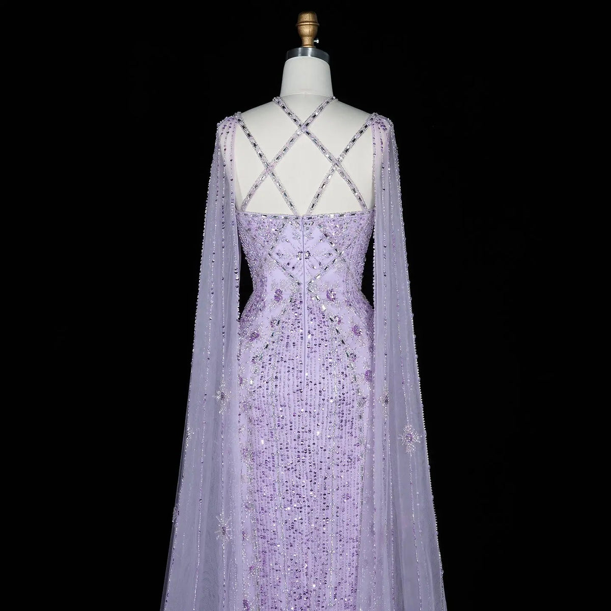 Luxury Aqua Crisscross Evening Dress with Cape Sleeves SS391