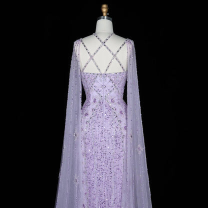 Luxury Aqua Crisscross Evening Dress with Cape Sleeves SS391