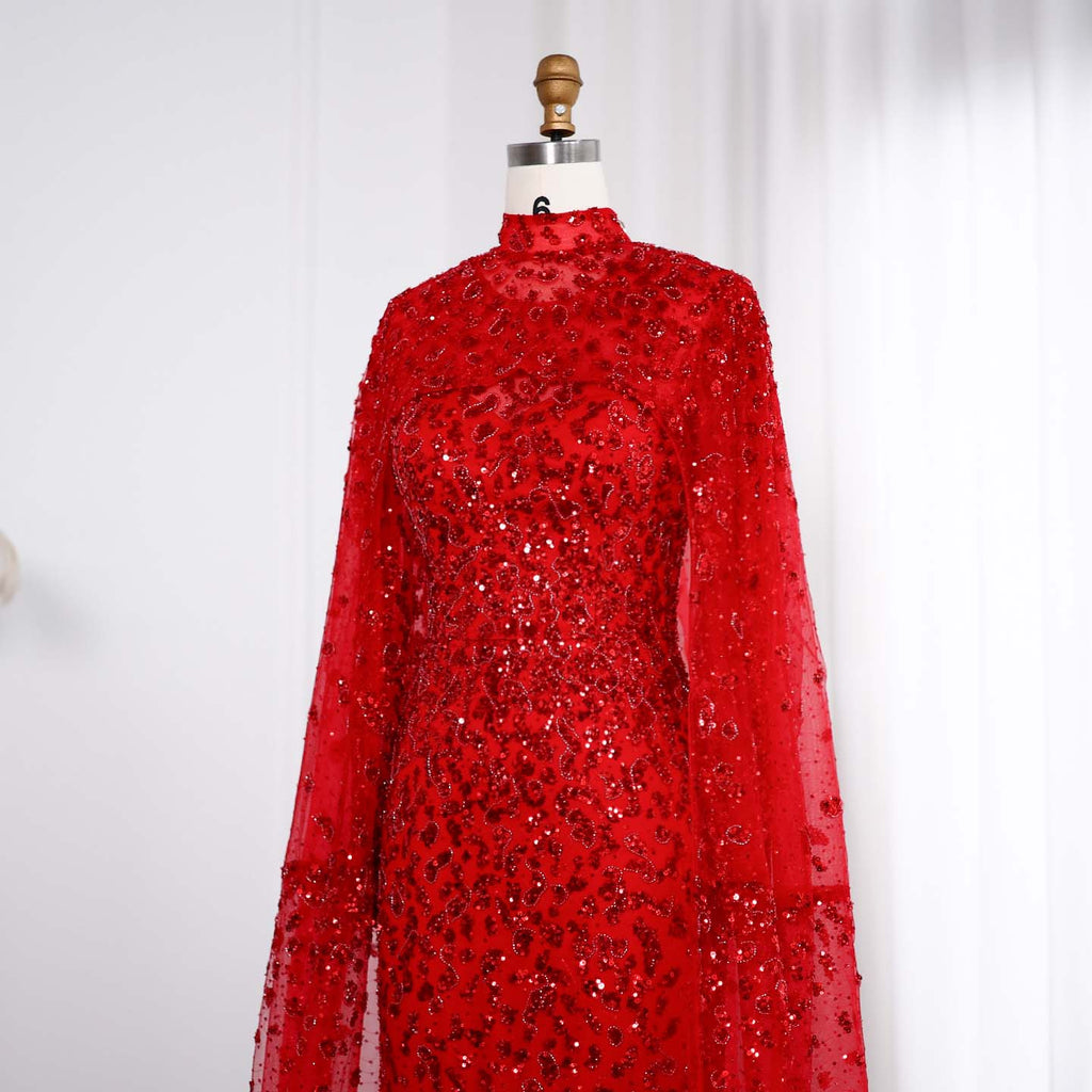 Luxury Beaded Pink Mermaid Evening Dress with Cape Sleeves SS202