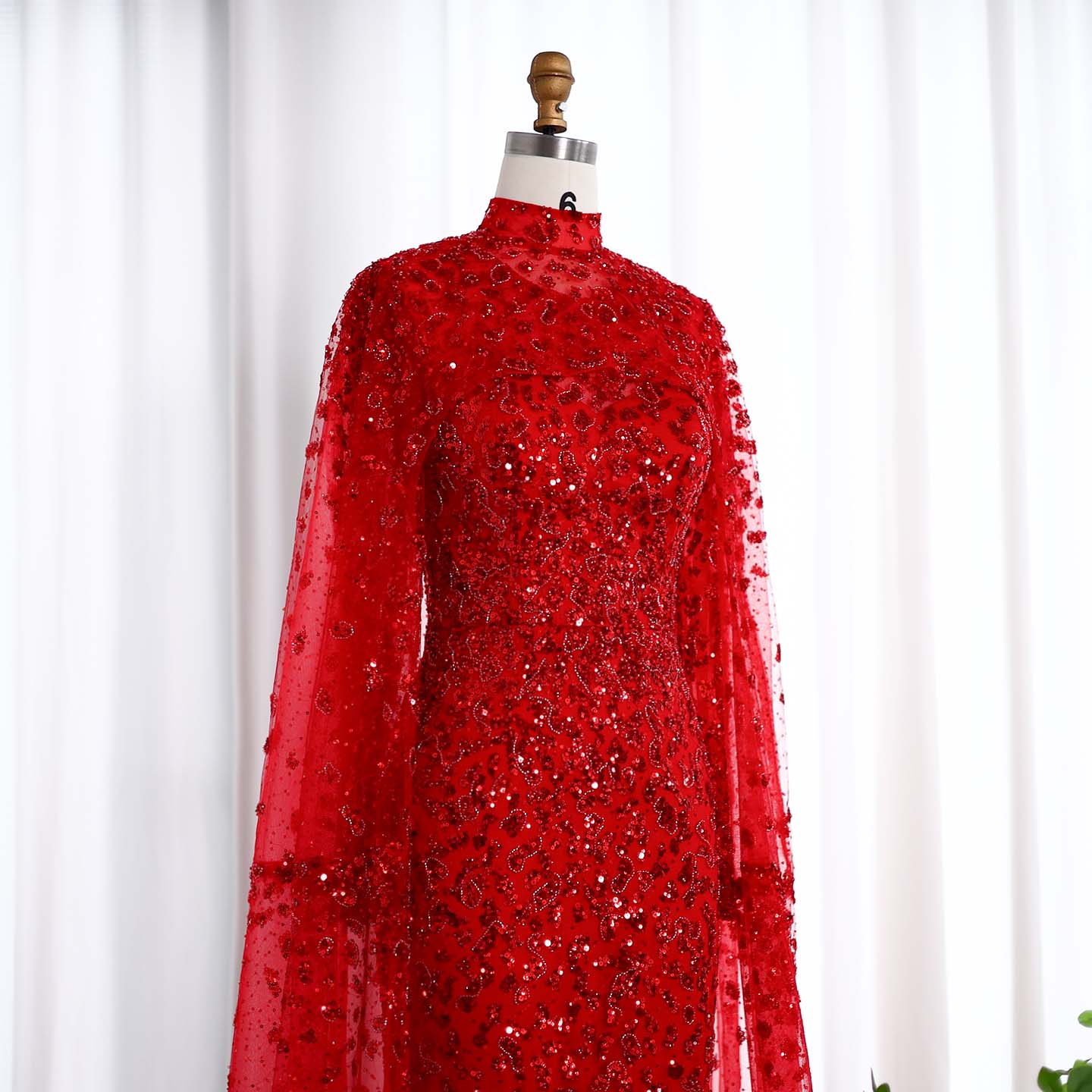 Luxury Beaded Pink Mermaid Evening Dress with Cape Sleeves SS202