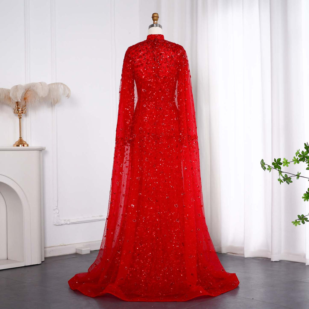 Luxury Beaded Pink Mermaid Evening Dress with Cape Sleeves SS202