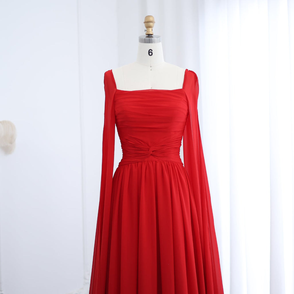 Elegant Red A-Line Chiffon Evening Dress with Cape Sleeves SF032
