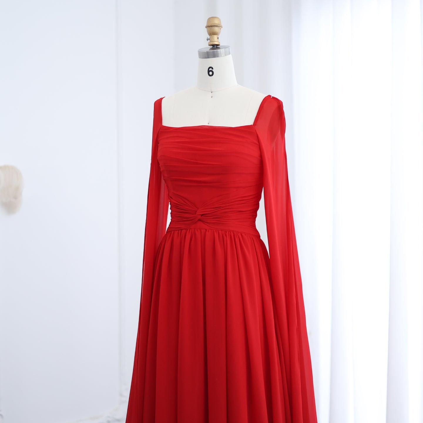 Elegant Red A-Line Chiffon Evening Dress with Cape Sleeves SF032