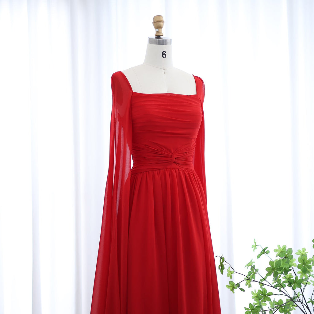 Elegant Red A-Line Chiffon Evening Dress with Cape Sleeves SF032