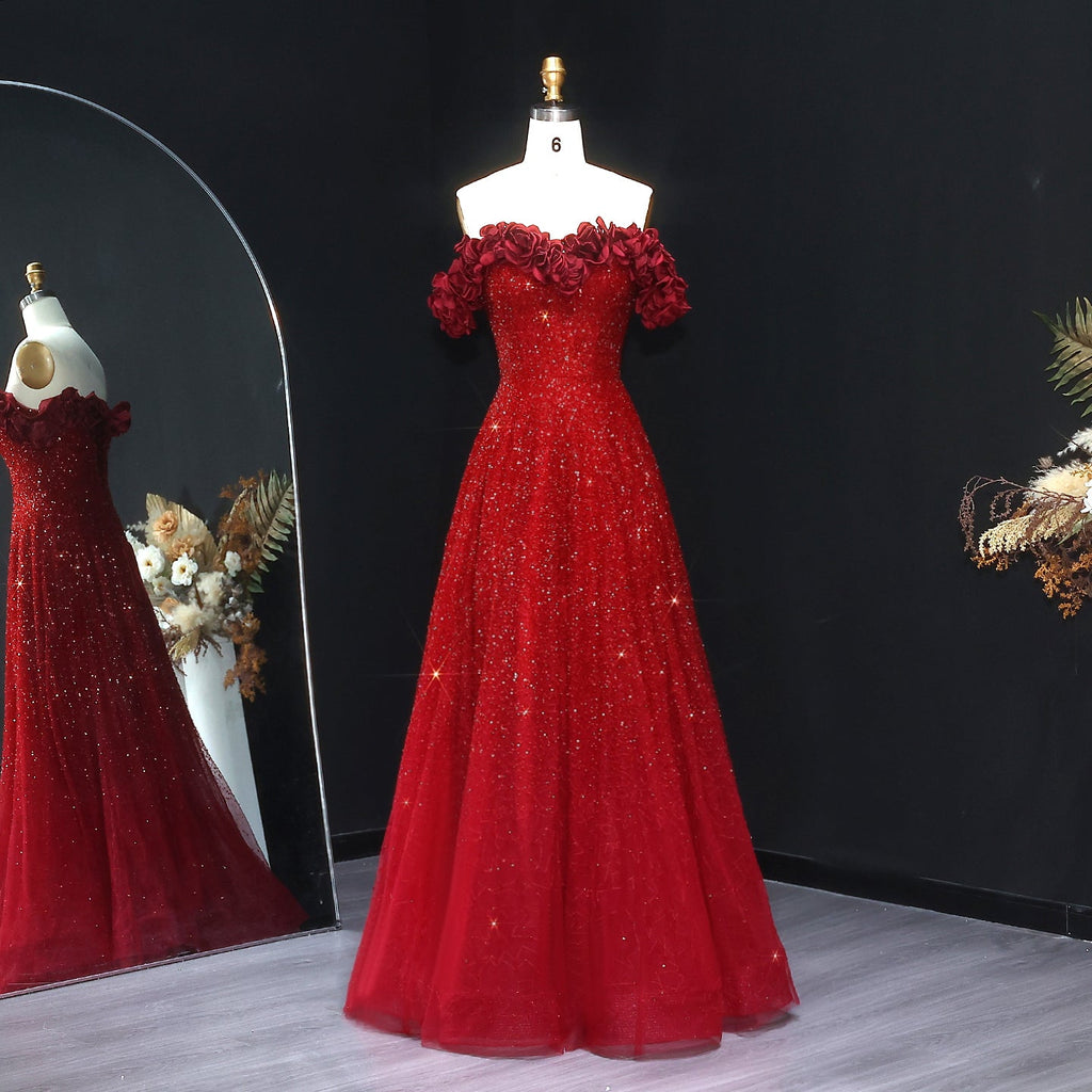Stunning Burgundy Strapless 3D Flower Evening Dress SS491