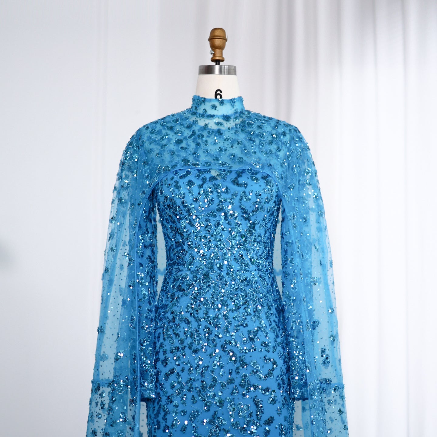 Luxury Beaded Pink Mermaid Evening Dress with Cape Sleeves SS202