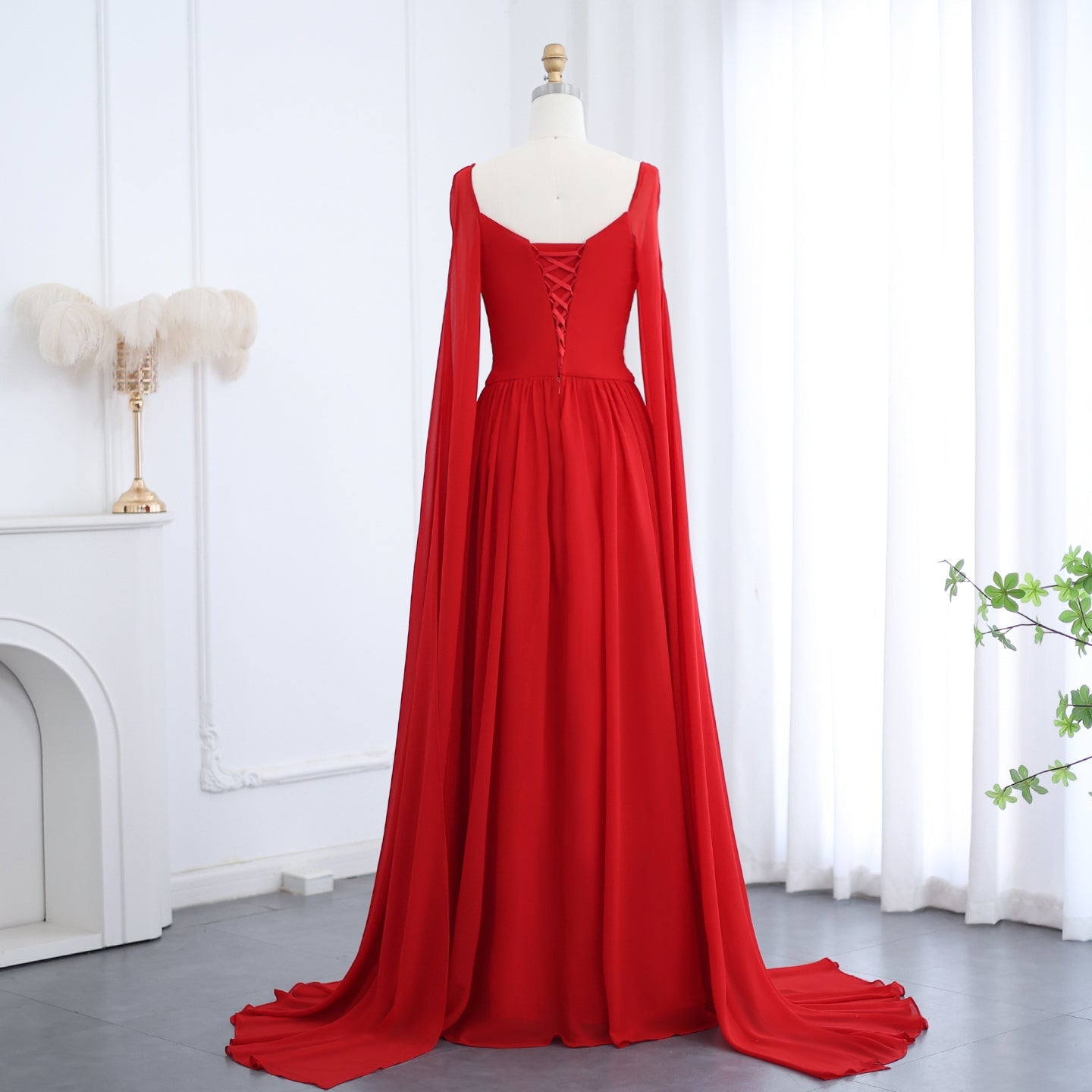 Elegant Red A-Line Chiffon Evening Dress with Cape Sleeves SF032