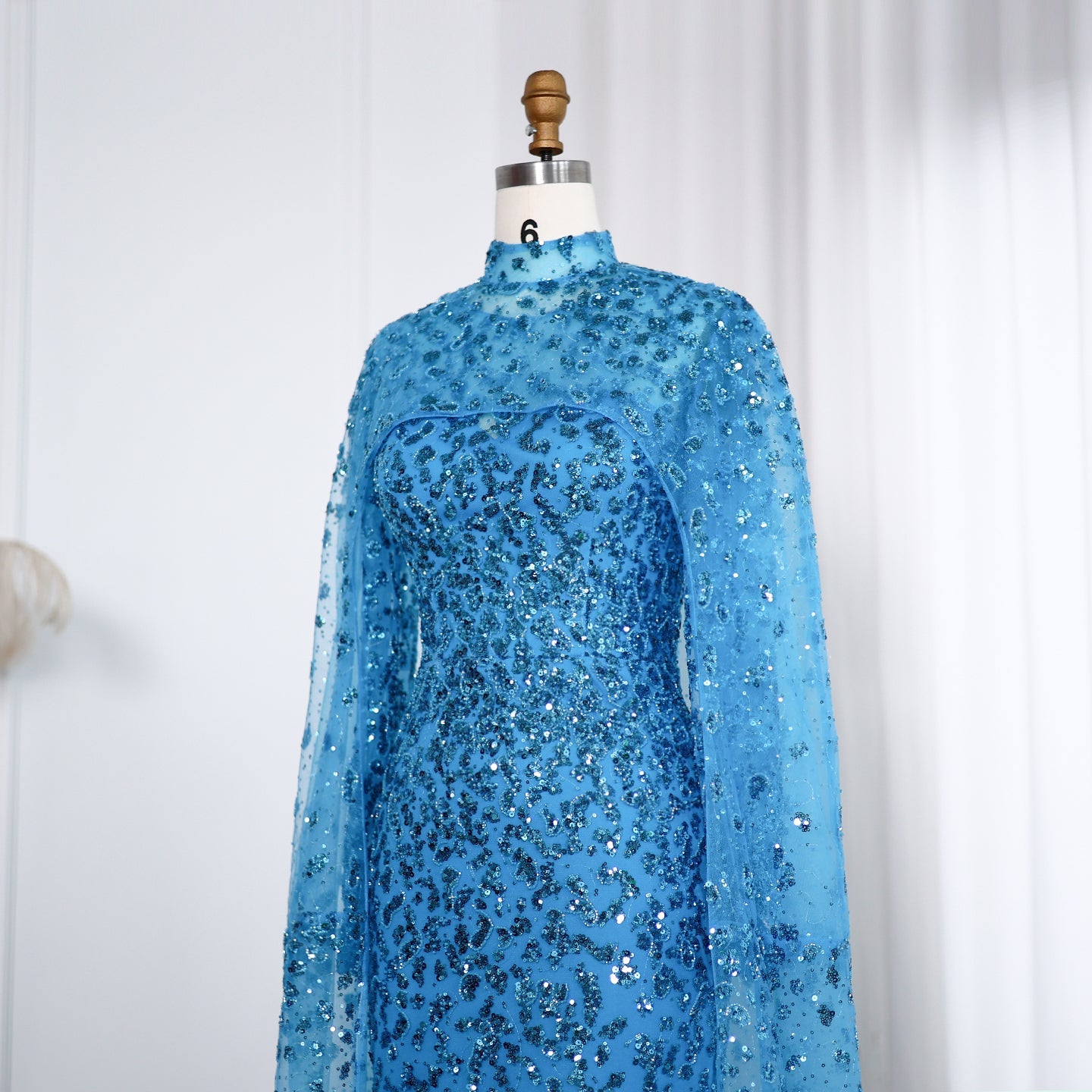 Luxury Beaded Pink Mermaid Evening Dress with Cape Sleeves SS202