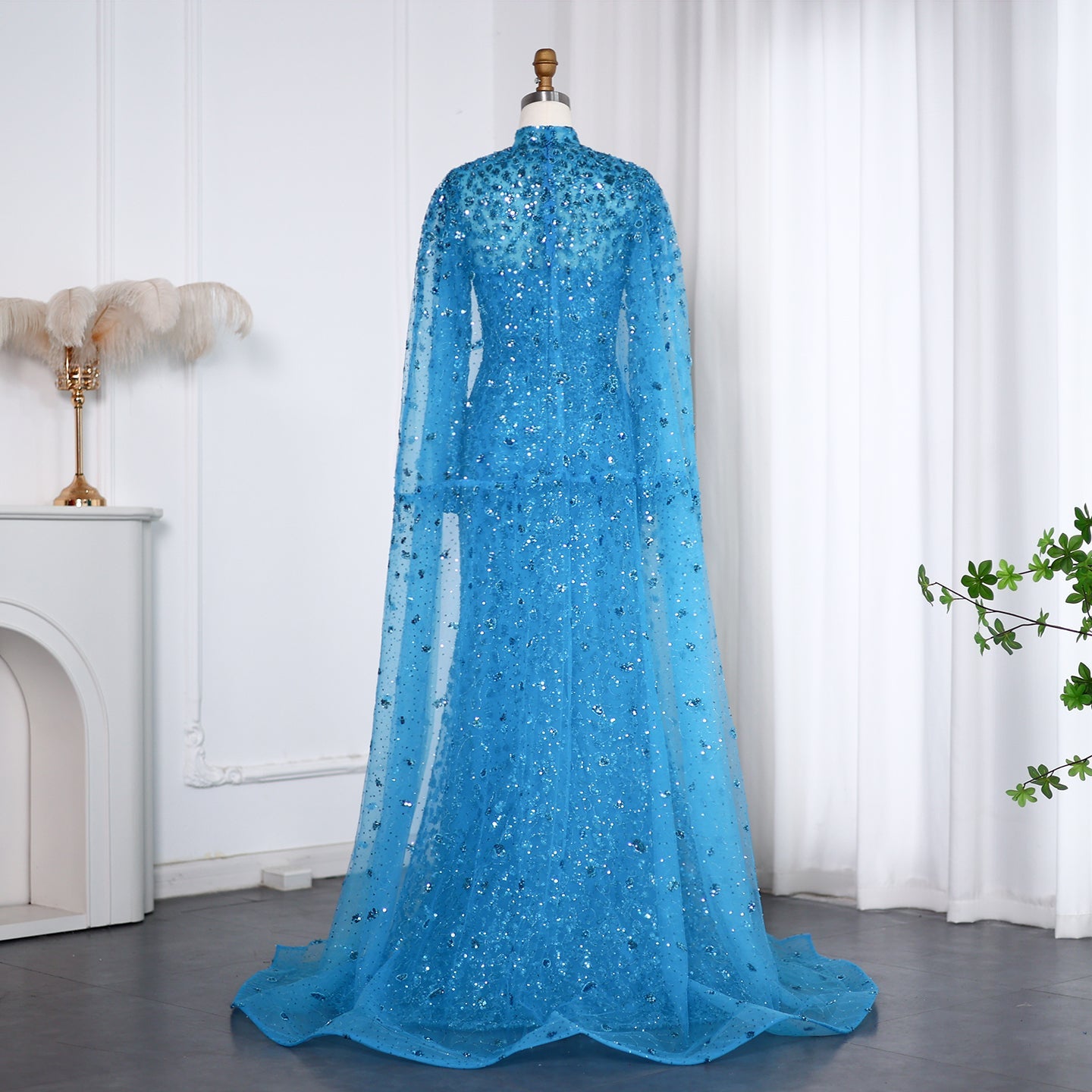 Luxury Beaded Pink Mermaid Evening Dress with Cape Sleeves SS202