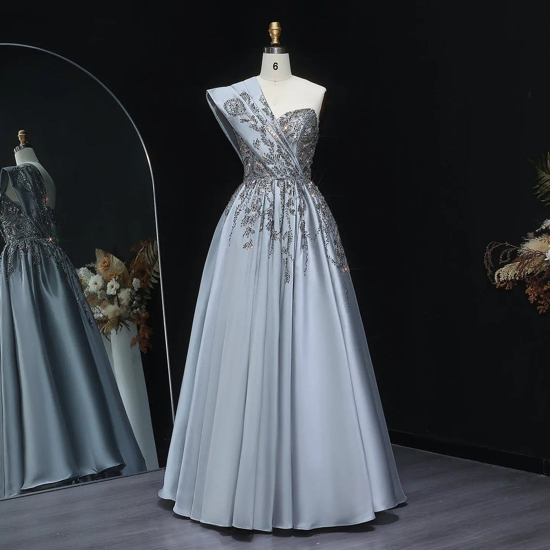 Luxury Gray One-Shoulder Embellished Crystal Evening Dress XD040