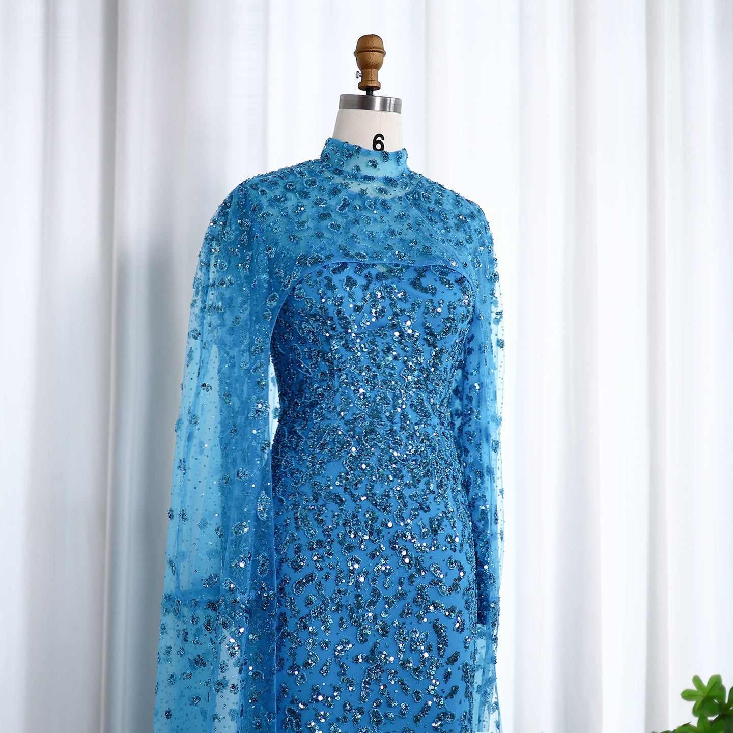 Luxury Beaded Pink Mermaid Evening Dress with Cape Sleeves SS202